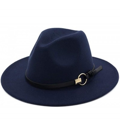 Fedoras Dantiya Men & Women Vintage Wide Brim Felt Fedora Hat Wide Brim Panama Hats with Belt Metal Buckle - Navy - CA18YCZSO...