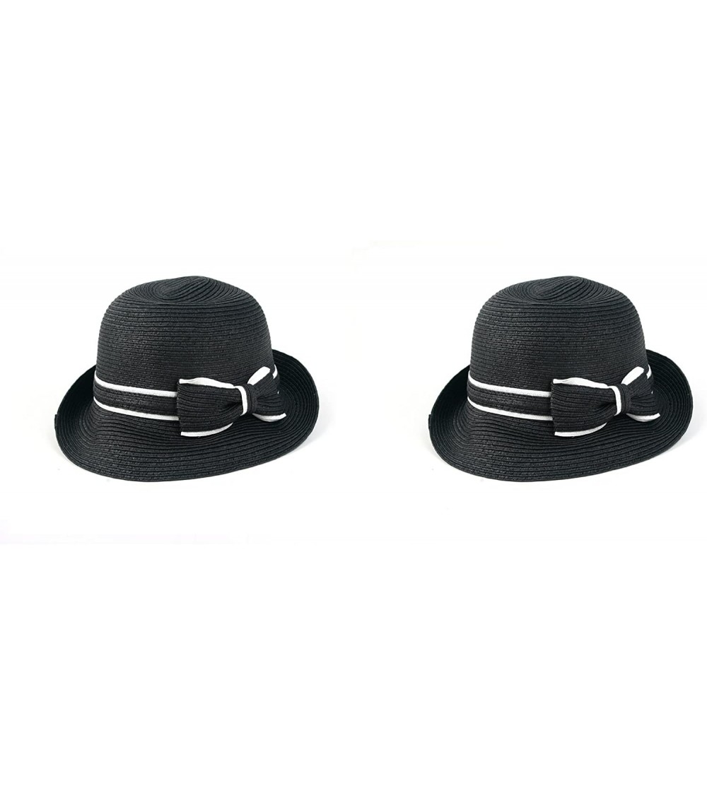 Bucket Hats Women's Classic Straw Cloche Bow Hat 960HF - 2 Pcs Black & Black - CI11UGW9QF9 $38.96
