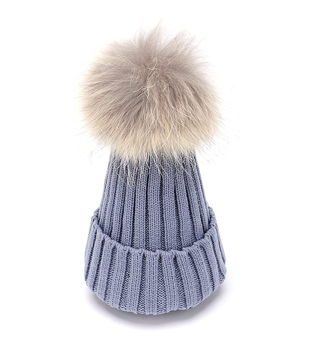 Skullies & Beanies Womens Girls Knitted Fur Hat Real Large Silver Fox Fur Pom Pom Beanie Hats - Light Gray(real Raccoon Fur) ...