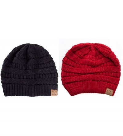 Skullies & Beanies Trendy Warm Chunky Soft Stretch Cable Knit Beanie Skull Cap - 2 Pack Black/Red - C712N5GTXFE $23.08