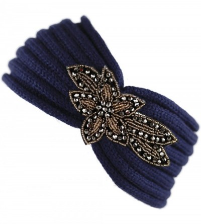 Headbands Sequin Knit Headband with Flower Decoration - Navy - C0125R5LAYD $7.69