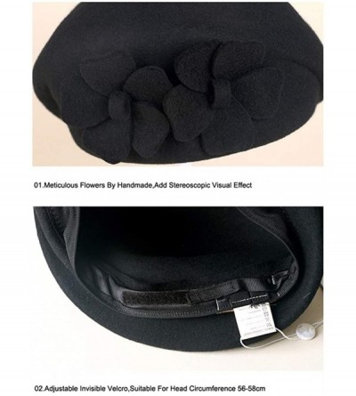 Berets Women Flower Pillbox Hat Autumn Winter Vintage Beanie Beret Cap - Black - CZ18I6L3G96 $22.11