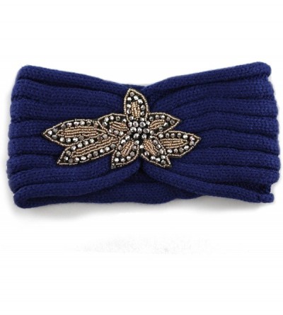 Headbands Sequin Knit Headband with Flower Decoration - Navy - C0125R5LAYD $7.69