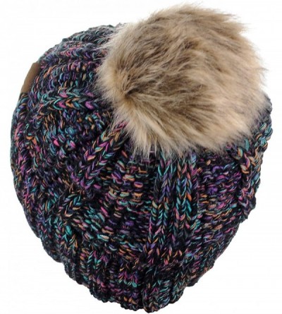 Skullies & Beanies Thick Cable Knit Faux Fuzzy Fur Pom Fleece Lined Skull Cap Cuff Beanie - Black/Multi - CX18GXG80GQ $18.29