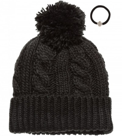 Skullies & Beanies Women's Thick Oversized Cable Knitted Fleece Lined Pom Pom Beanie Hat with Hair Tie. - Dark Brown - CK12JO...