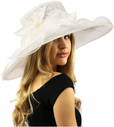 Sun Hats Romantic Lace Flower Overlay Kentucky Derby Floppy Wide Brim 7" Dress Hat - White - CR12CQAPUNJ $41.05