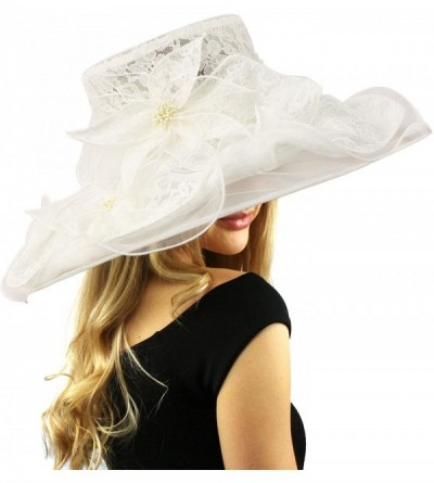 Sun Hats Romantic Lace Flower Overlay Kentucky Derby Floppy Wide Brim 7" Dress Hat - White - CR12CQAPUNJ $41.05
