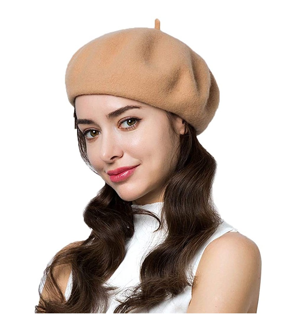 Berets 95% Wool Beret Artist Hat French Hat Casual Solid Color Spring Winter Hat for Women - Khaki - CU18I5L0D2N $11.78