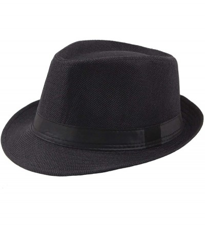 Fedoras Mens Summer Linen Sewn Hat-Breathable Linen Porkpie Hat Stingy Brim Cap - Black - CM18QZH5UH7 $22.64