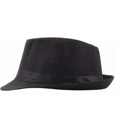 Fedoras Mens Summer Linen Sewn Hat-Breathable Linen Porkpie Hat Stingy Brim Cap - Black - CM18QZH5UH7 $8.95