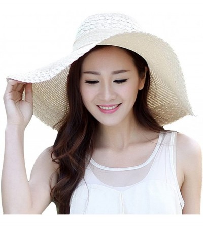 Sun Hats Women Girl Ribbon Criss Cross Pattern Wide Brim Straw Hat FFH156PUR - Beige - CJ11L0RBOWR $18.33