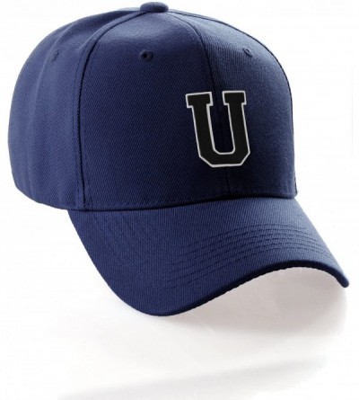 Baseball Caps Customized Initial U Letter Structured Baseball Hat Cap Curved Visor - Navy Hat White Black Letter - CD18I4HGSA...