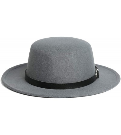 Fedoras Women's Brim Fedora Wool Flat Top Hat Church Derby Belt Cap - Grey - CV18AOT9XYA $11.56