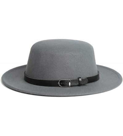 Fedoras Women's Brim Fedora Wool Flat Top Hat Church Derby Belt Cap - Grey - CV18AOT9XYA $11.56