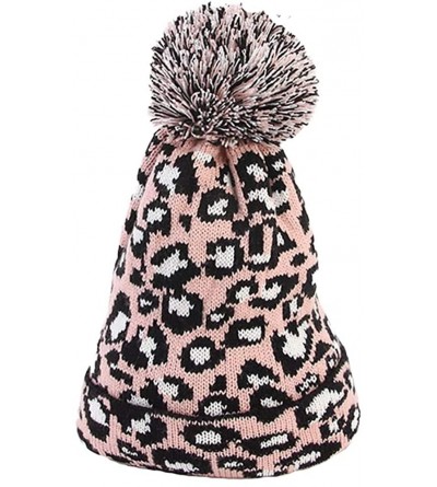 Skullies & Beanies Faux Fur Ball Hat Fashion Women Leopard Winter Warm Crochet Knitted Hat Cap Beanie - Pink - CT18L29MMZT $1...