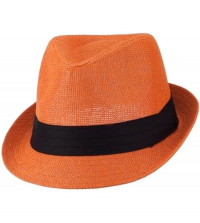 Fedoras Mens 3 Layer Pleated Band Solid Color Straw Fedora - Orange - CP11WTF241T $16.55