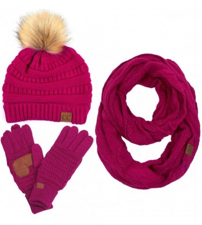 Skullies & Beanies 3pc Set Trendy Warm Chunky Soft Stretch Cable Knit Pom Pom Beanie- Scarves and Gloves Set - Hot Pink - CO1...