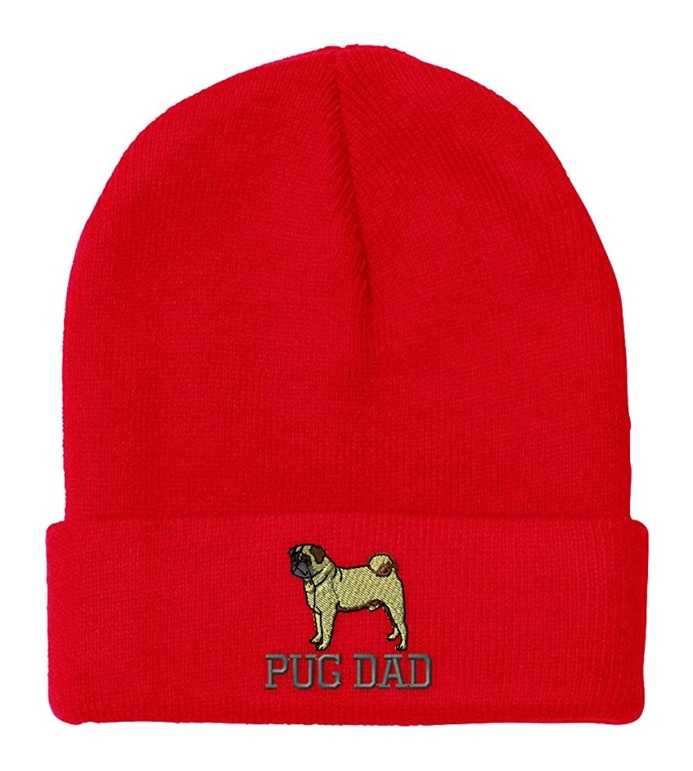 Skullies & Beanies Beanie for Men & Women Dog Pet Pug Dad Embroidery Acrylic Skull Cap Hat 1 Size - Red - CY18A9D2WQL $10.83