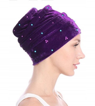 Skullies & Beanies Women Hearwear Velvet Hat Muslim Ruffle Cancer Chemo Beanie Wrap Cap - Purple - CV18I3KE7E9 $16.10