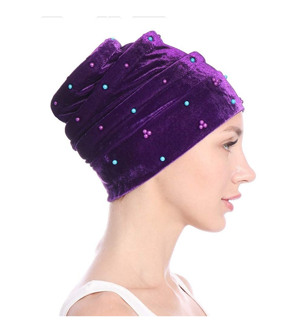 Skullies & Beanies Women Hearwear Velvet Hat Muslim Ruffle Cancer Chemo Beanie Wrap Cap - Purple - CV18I3KE7E9 $9.07