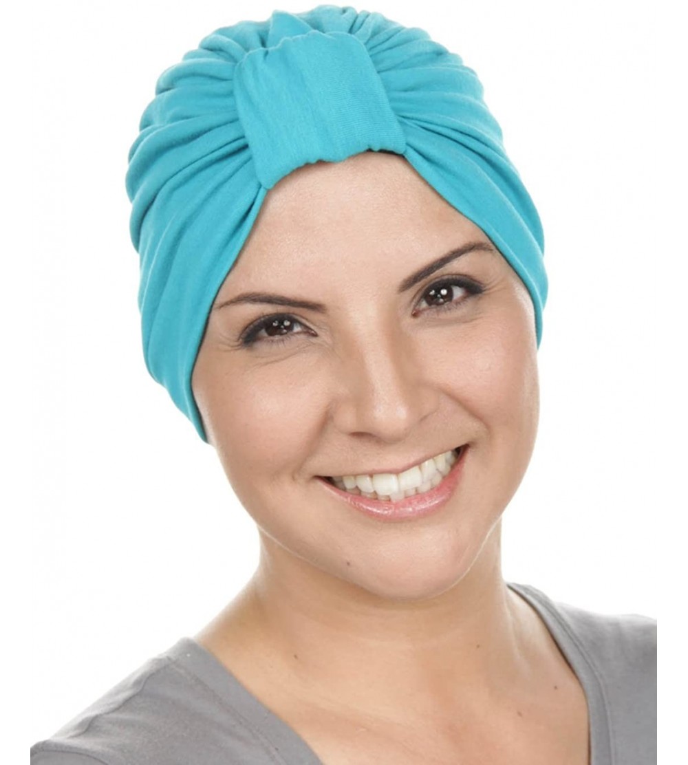 Skullies & Beanies Classic Cotton Turban Soft Pleated Chemo Cap for Women with Cancer Hair Loss - 25- Turquoise Green - CK11K...