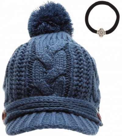 Skullies & Beanies Women's Thick Cable Knitted Beanie Visor Cap Button Pom Pom with Scrunchy - Teal - CH18HA5LC3N $12.81