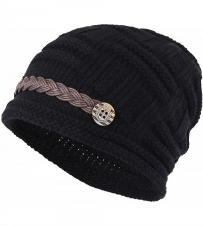 Skullies & Beanies Women Winter Beanie Cabled Checker Pattern Knit Hat Button Strap Cap - Black - CY128IO0WUT $8.93