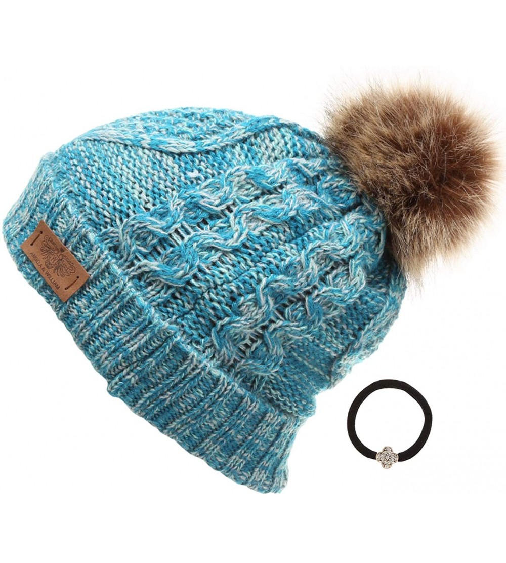 Skullies & Beanies Women's Winter Fleece Lined Cable Knitted Pom Pom Beanie Hat with Hair Tie. - Multi Teal - CH18LXEALX9 $14.26