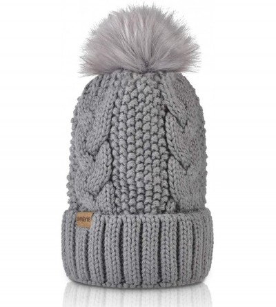 Skullies & Beanies Cable Knit Beanie Warm Faux Fuzzy Fur Pom Pom Skull Ski Cap for Men- Women - Gray - CI186YCW9N4 $19.20