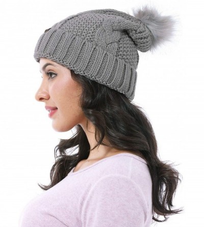 Skullies & Beanies Cable Knit Beanie Warm Faux Fuzzy Fur Pom Pom Skull Ski Cap for Men- Women - Gray - CI186YCW9N4 $11.24