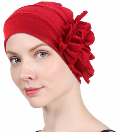 Skullies & Beanies New Women's Cotton Flower Elastic Turban Beanie Chemo Cap Hair Loss Hat - Red - CU18RQ7WHKD $22.40