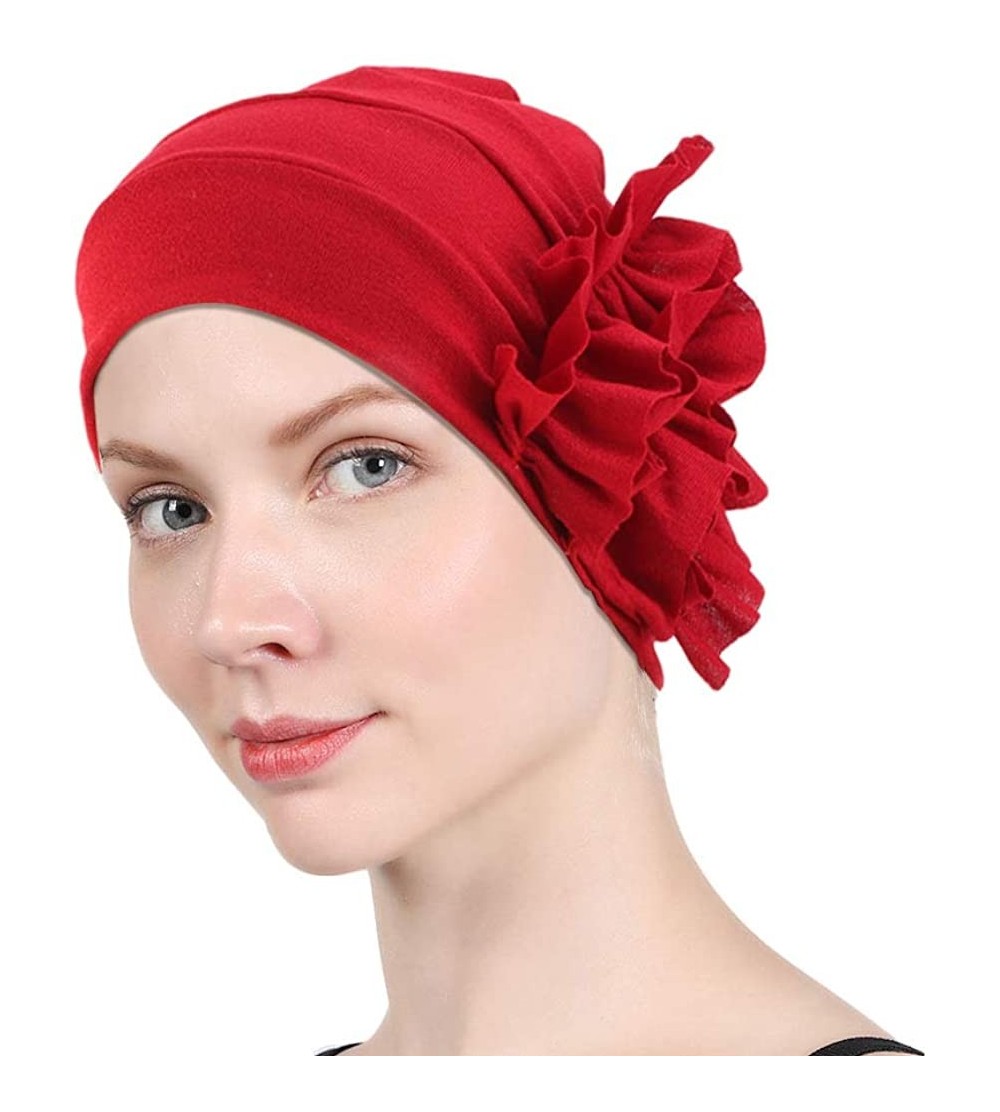 Skullies & Beanies New Women's Cotton Flower Elastic Turban Beanie Chemo Cap Hair Loss Hat - Red - CU18RQ7WHKD $12.02