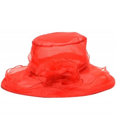 Sun Hats Elegant Women Vintage Gauze Kentucky Derby Sun Hat Flower Wide Brim Gauze Cap - Red - CB12GEFL0I7 $17.81