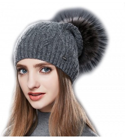 Skullies & Beanies Wool Knit Slouchy Bobble Cap Unisex Winter Beanie Hat with Fur Ball Pom - Dark Gray - CN1867X6YWD $28.30