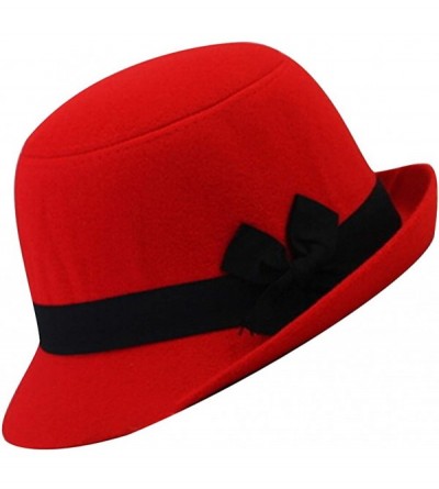 Fedoras Women's Candy Color Wool Rool Up Bowler Derby Cap Cat Ear Hat - Black Bow Red - CD11PL6Z2KN $9.05