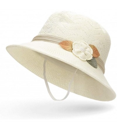 Sun Hats Women Lady Summer Breathable Sun Braided Trim Straw Bowler Cap Cloche Hat - Leaf & Flower - Ivory - CP18TUMIC3L $9.14