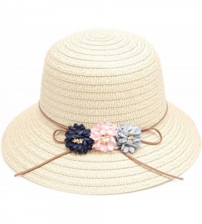Fedoras Women's Summer Straw Sun Beach Fedora Hat with Band - Triple Flower-beige - CL18DGQTAXQ $10.27