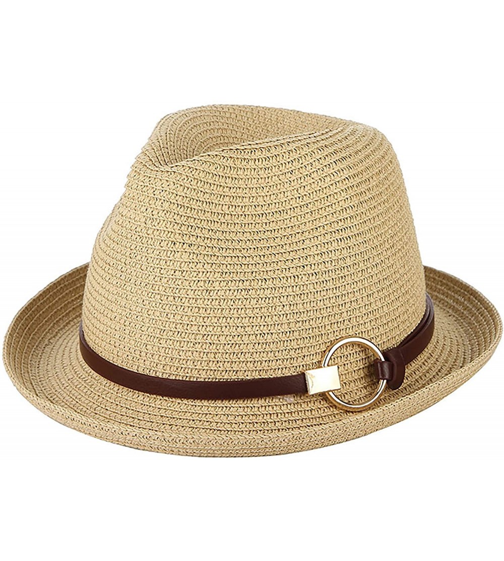 Fedoras Mens Panama Style Trilby Fedora Straw Sun Hat with Leather Belt - Beige - CF18OLS53Y4 $21.21