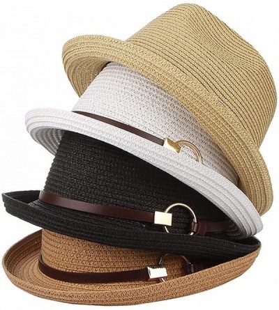 Fedoras Mens Panama Style Trilby Fedora Straw Sun Hat with Leather Belt - Beige - CF18OLS53Y4 $19.90