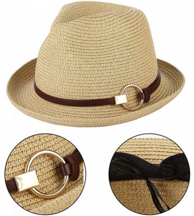 Fedoras Mens Panama Style Trilby Fedora Straw Sun Hat with Leather Belt - Beige - CF18OLS53Y4 $21.21