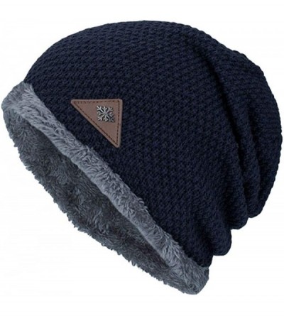 Skullies & Beanies Men Winter Skull Cap Beanie Large Knit Hat with Thick Fleece Lined Daily - P - Navy Blue - CL18ZGS6SMU $11.48