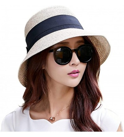 Sun Hats Packable UPF Straw Sunhat Women Summer Beach Wide Brim Fedora Travel Hat 54-59CM - 69087_beige1 - CL18QS3I95O $22.03