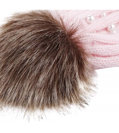Bucket Hats Women Faux Fur Pom Pom Beanie Cap Fashion Winter Pearl Knit Ski Hat - Pink - C818LKDITWK $16.24