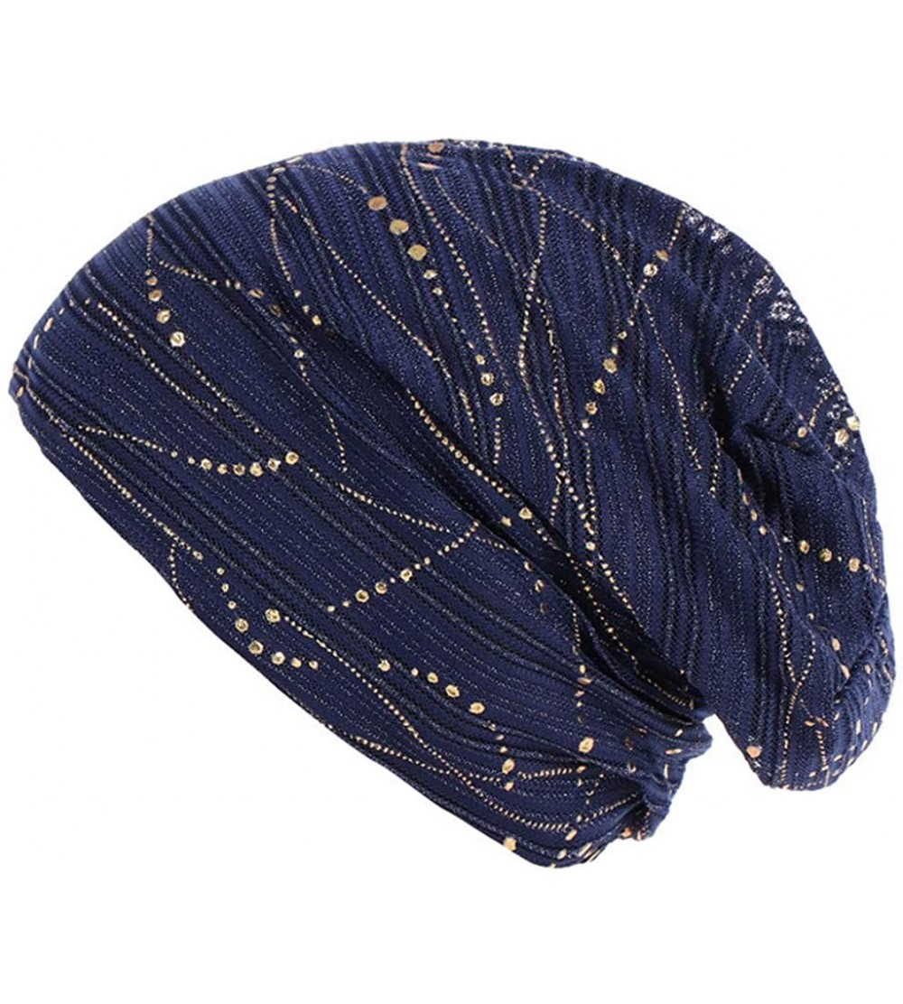 Rain Hats Women Muslim Soft Hat- Lace Cross Bonnet Hijab Turban Hat Chemo Cap (Many Color for Choose) - Navy - CB18RYX9AWL $7.13