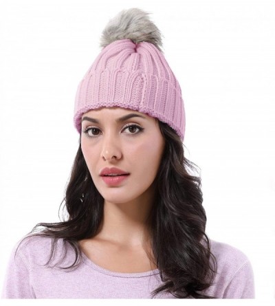 Skullies & Beanies Cable Knit Beanie Warm Faux Fuzzy Fur Pom Pom Skull Ski Cap for Men- Women - Pink - CO18L6G39OT $7.69