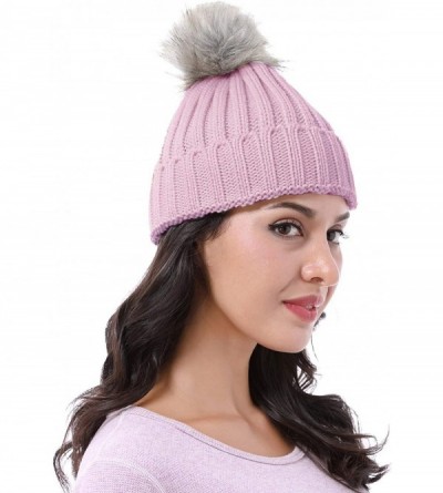 Skullies & Beanies Cable Knit Beanie Warm Faux Fuzzy Fur Pom Pom Skull Ski Cap for Men- Women - Pink - CO18L6G39OT $7.69