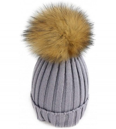 Skullies & Beanies Women Cable Knit Beanie Raccoon Fur Fuzzy Pompom Chunky Winter Stretch Skull Cap Cuff Hat - 19gray - C118W...