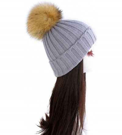 Skullies & Beanies Women Cable Knit Beanie Raccoon Fur Fuzzy Pompom Chunky Winter Stretch Skull Cap Cuff Hat - 19gray - C118W...