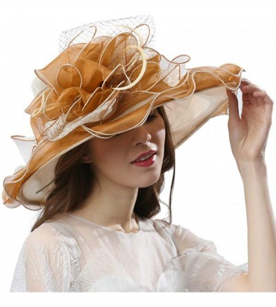 Sun Hats Women Dress Fantastic Fancy Feather Veil Floral Brim Hat Kentucky Derby Church Wedding Tea Party Cap - Beige/Tan - C...