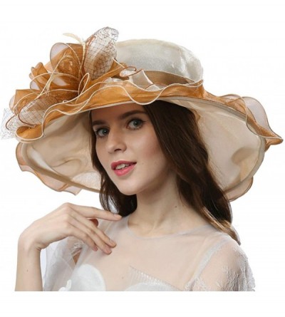 Sun Hats Women Dress Fantastic Fancy Feather Veil Floral Brim Hat Kentucky Derby Church Wedding Tea Party Cap - Beige/Tan - C...